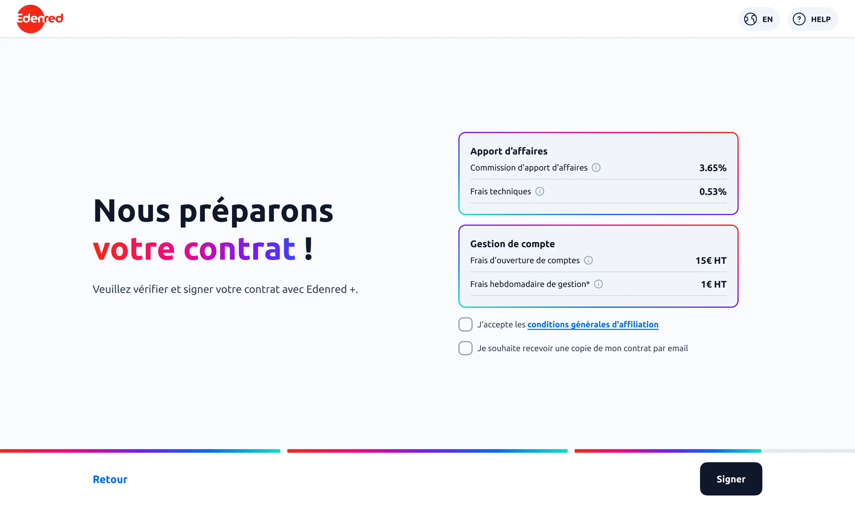 Première version de la page contrat : deux blocs de frais au vocabulaire technique, montants masqués