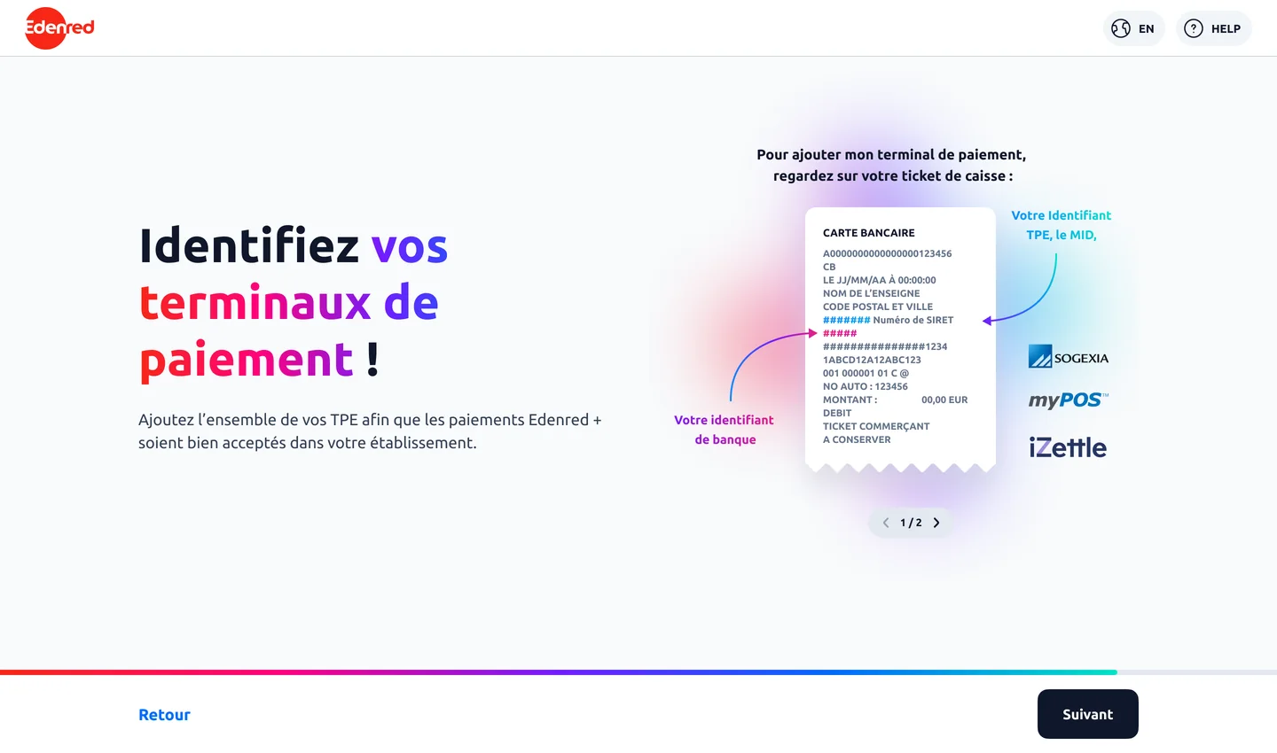Version A : une page entière d’aide, un ticket de caisse annoté avec des flèches vers l’identifiant TPE et l’identifiant banque