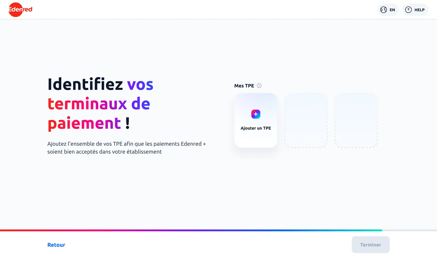 Version B : la page des terminaux, vide, avec le bouton Ajouter un TPE