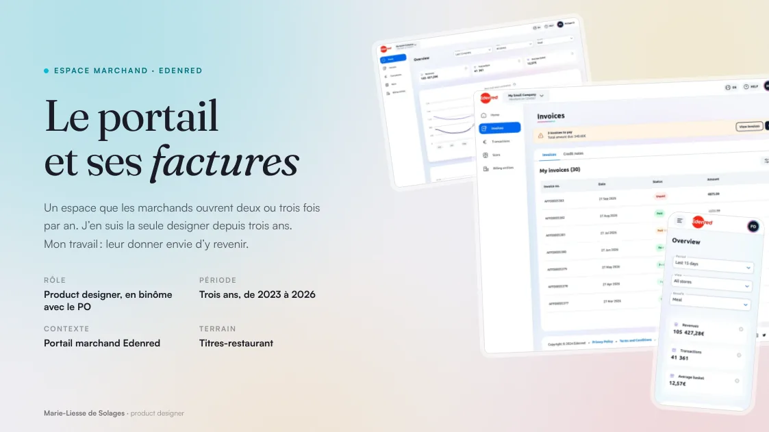 The first slide of the merchant portal, in 16:9: the title on the left, three portal screenshots fanned out on the right.