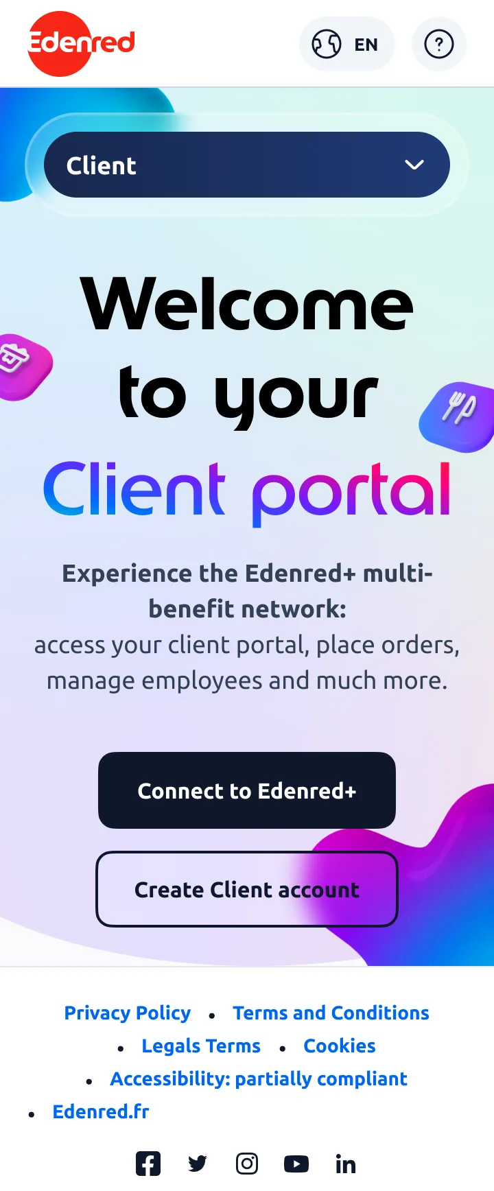 Le point d’entrée commun Edenred+ sur mobile, public Client