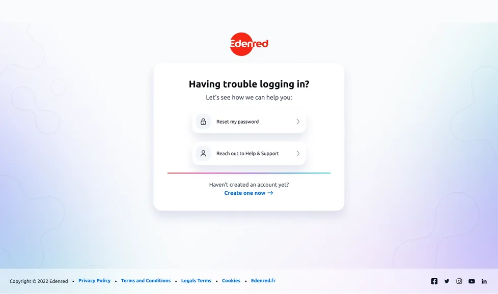 Écran « Having trouble logging in? » avec deux choix : réinitialiser mon mot de passe, ou contacter le support