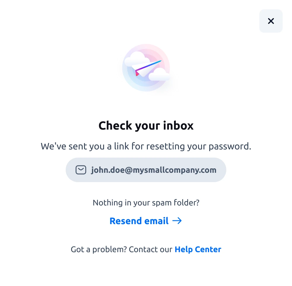 Drawer « Check your inbox » : le lien de réinitialisation a été envoyé, avec l’option de renvoyer l’email