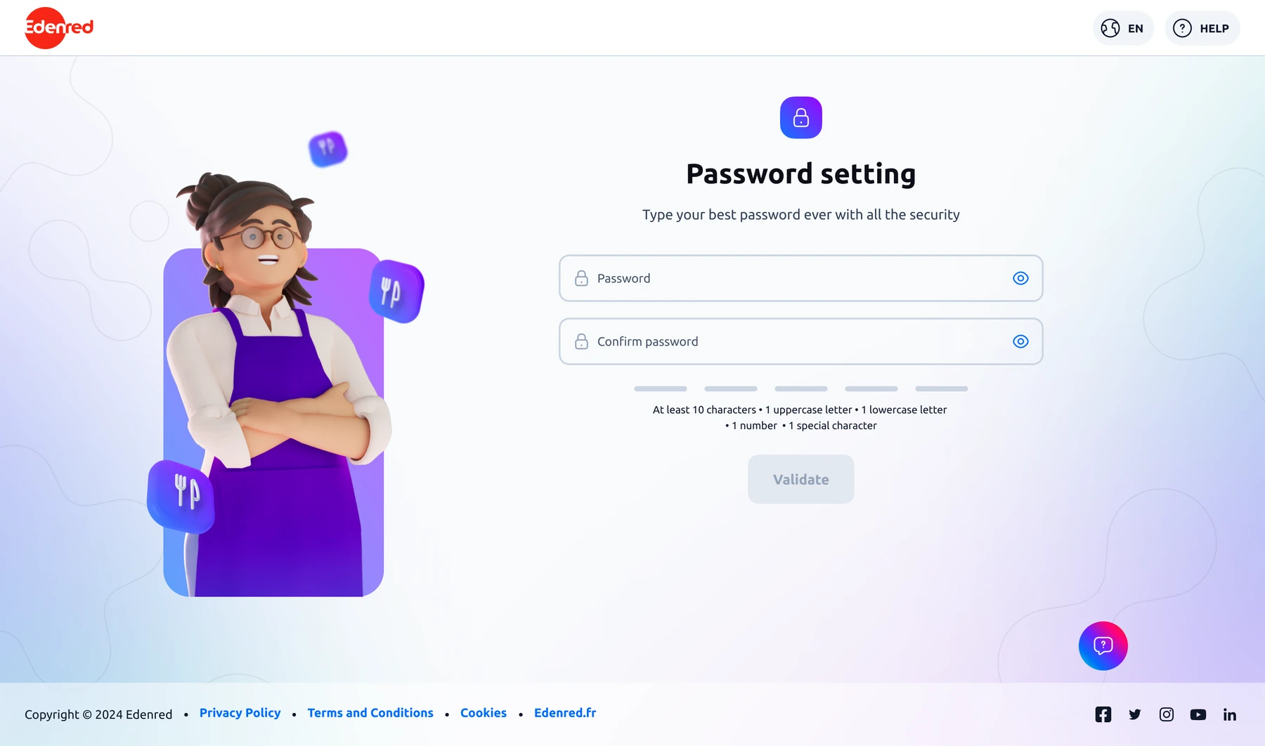 Écran « Password setting » : nouveau mot de passe et confirmation, avec les règles de sécurité affichées