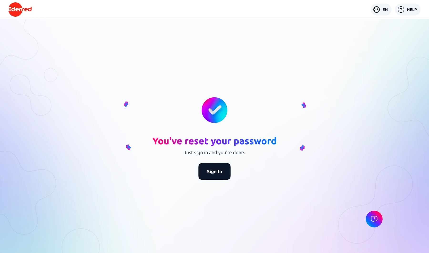 Écran de succès « You’ve reset your password », avec un bouton pour se reconnecter