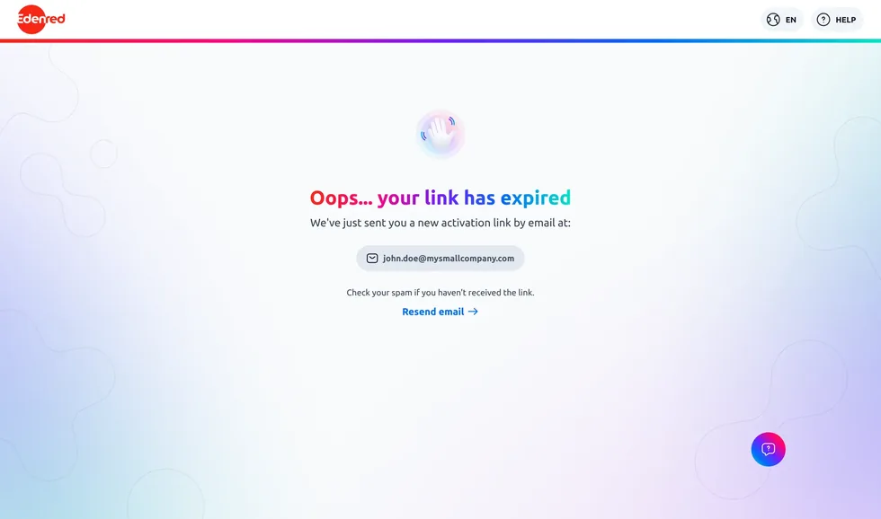 Écran « Oops… your link has expired » : un nouveau lien vient d’être envoyé à l’adresse affichée, avec un bouton pour le redemander