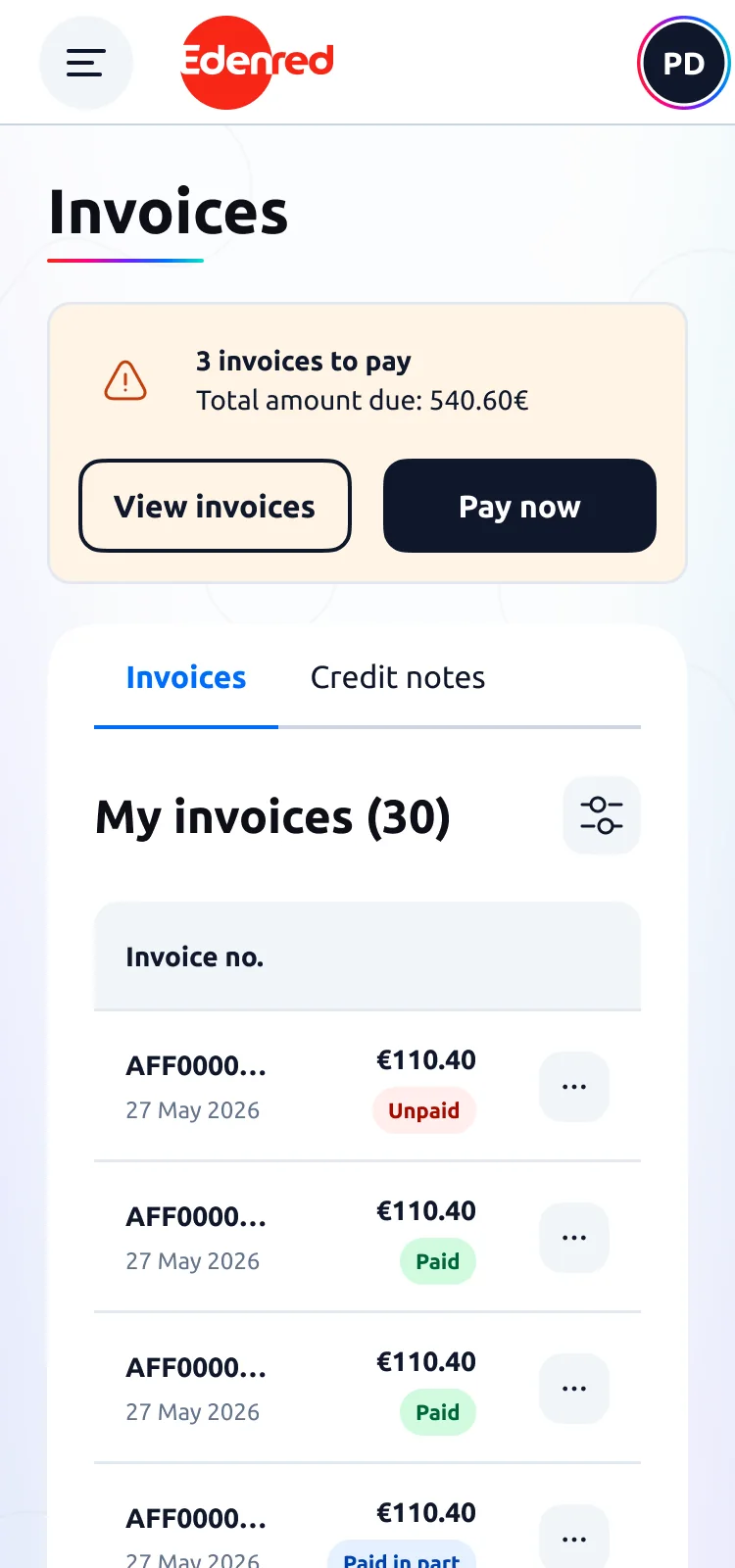 La bannière d’avertissement en contexte : trois factures à payer, avec ses deux actions