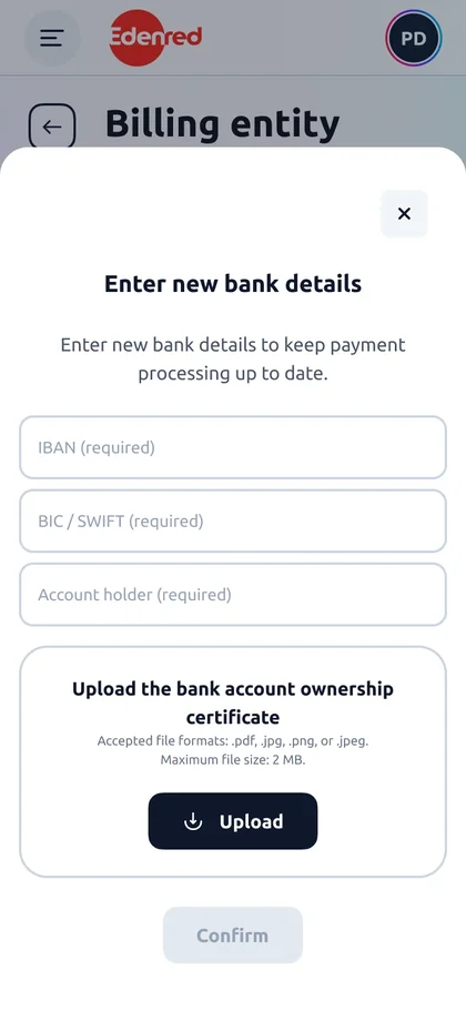 Formulaire de saisie des coordonnées bancaires vierge, version mobile