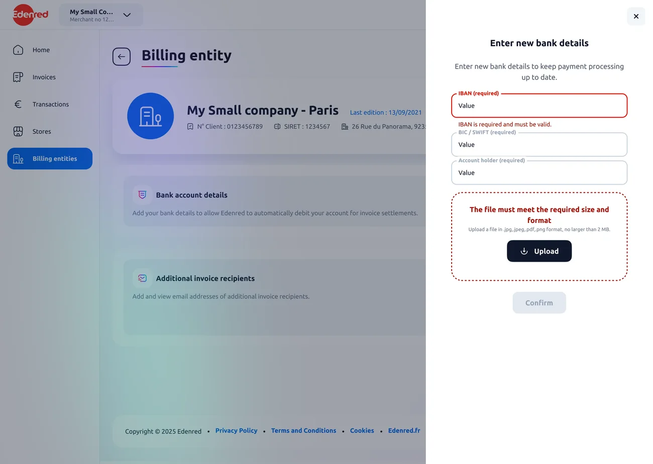 Formulaire avec IBAN invalide et fichier non conforme signalés simultanément, version desktop