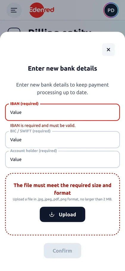 Formulaire avec IBAN invalide et fichier non conforme signalés simultanément, version mobile
