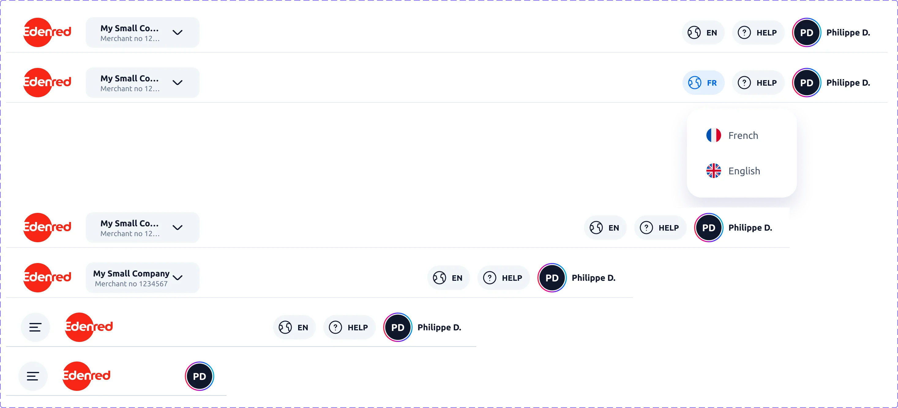 Le header connecté sur cinq largeurs : entité, langue, aide et compte disparaissent dans un ordre décidé, jusqu’à la version compacte à menu