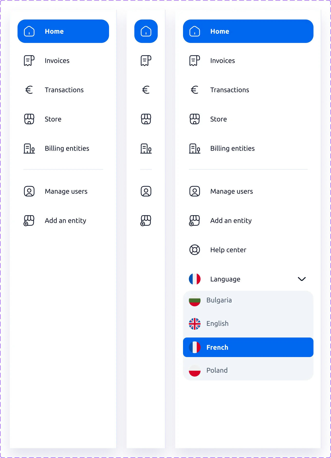 Le menu latéral déplié et replié aux icônes sur desktop et sa version mobile qui reprend l’aide, la langue et le compte