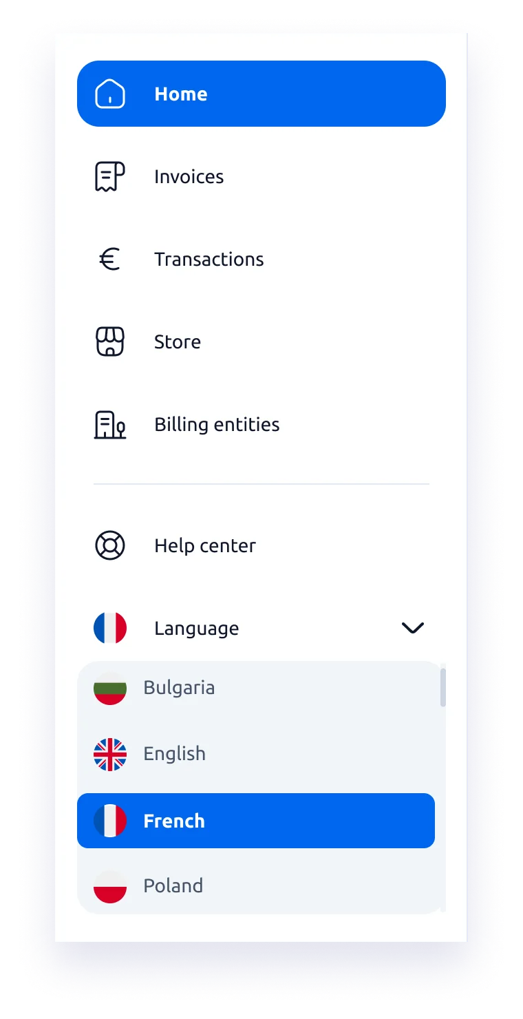 Le sélecteur de langue avec plus de cinq pays : cinq visibles et un scroll