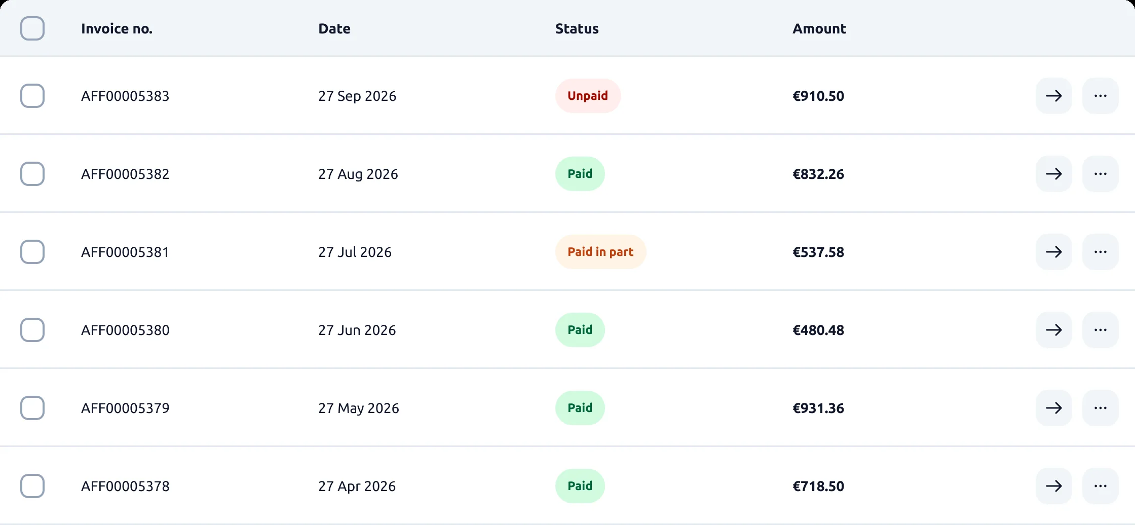 La table des factures assemblée sur desktop : sélection, date, statut, montant et actions