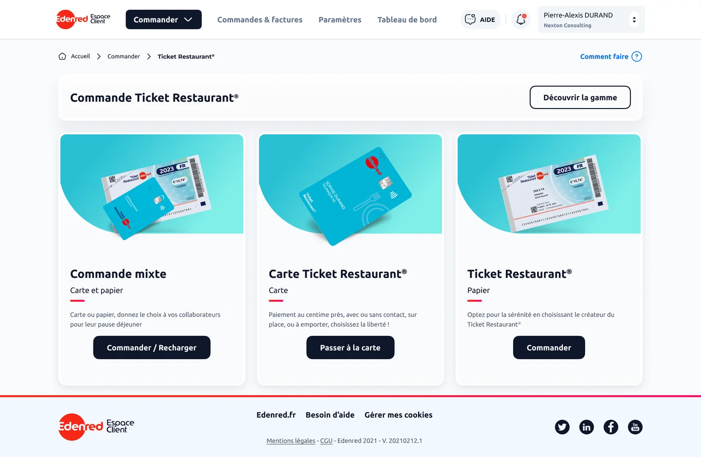 La page univers Ticket Restaurant en desktop : la gamme, carte et papier