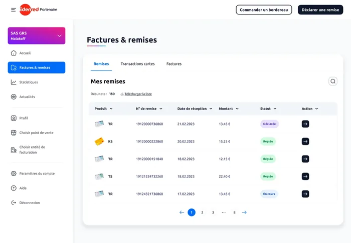 Ma version : une page Factures et remises avec des onglets clairs, des statuts en couleur et une pagination
