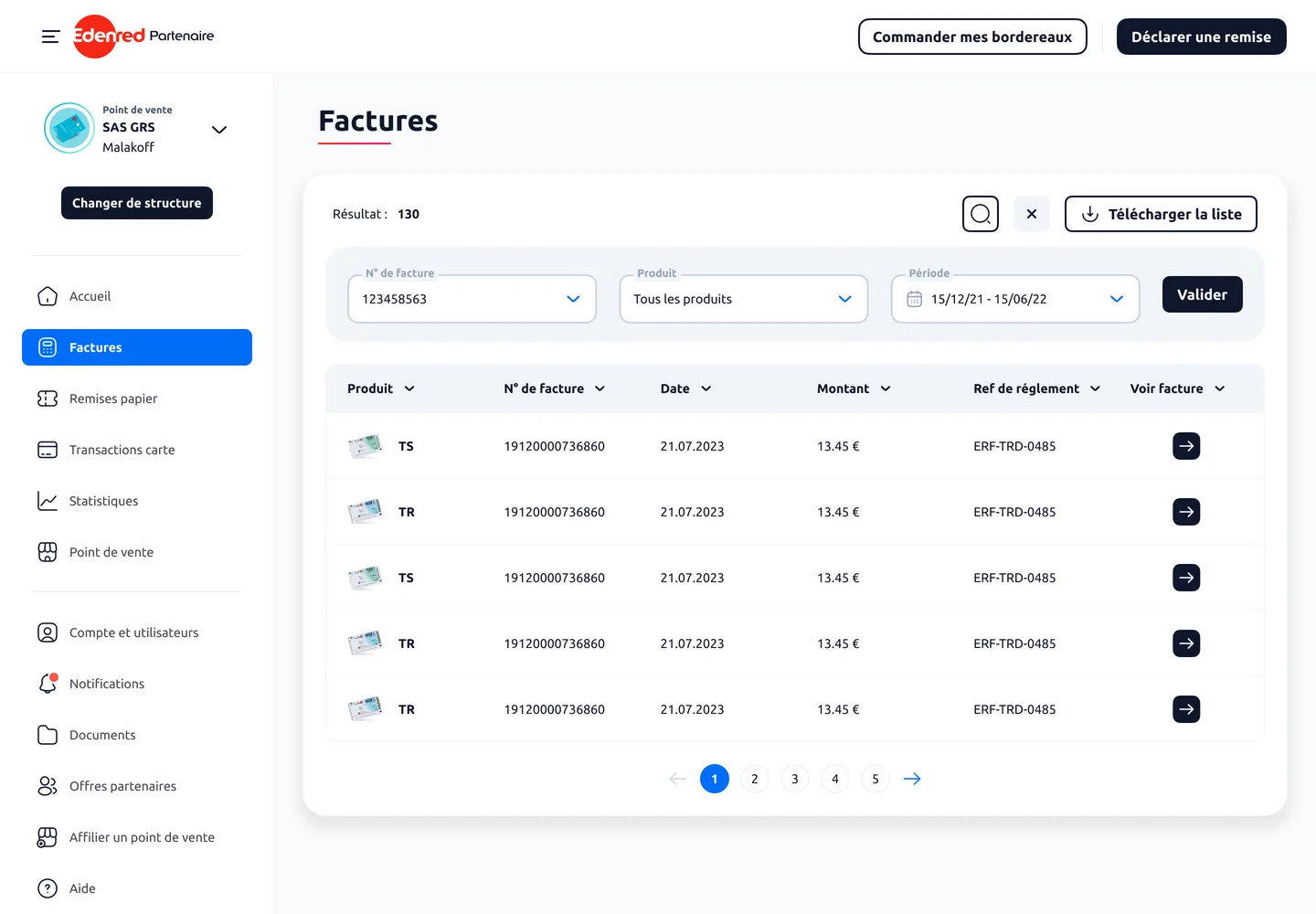 La version déployée : la page Factures avec des filtres par numéro, produit et période