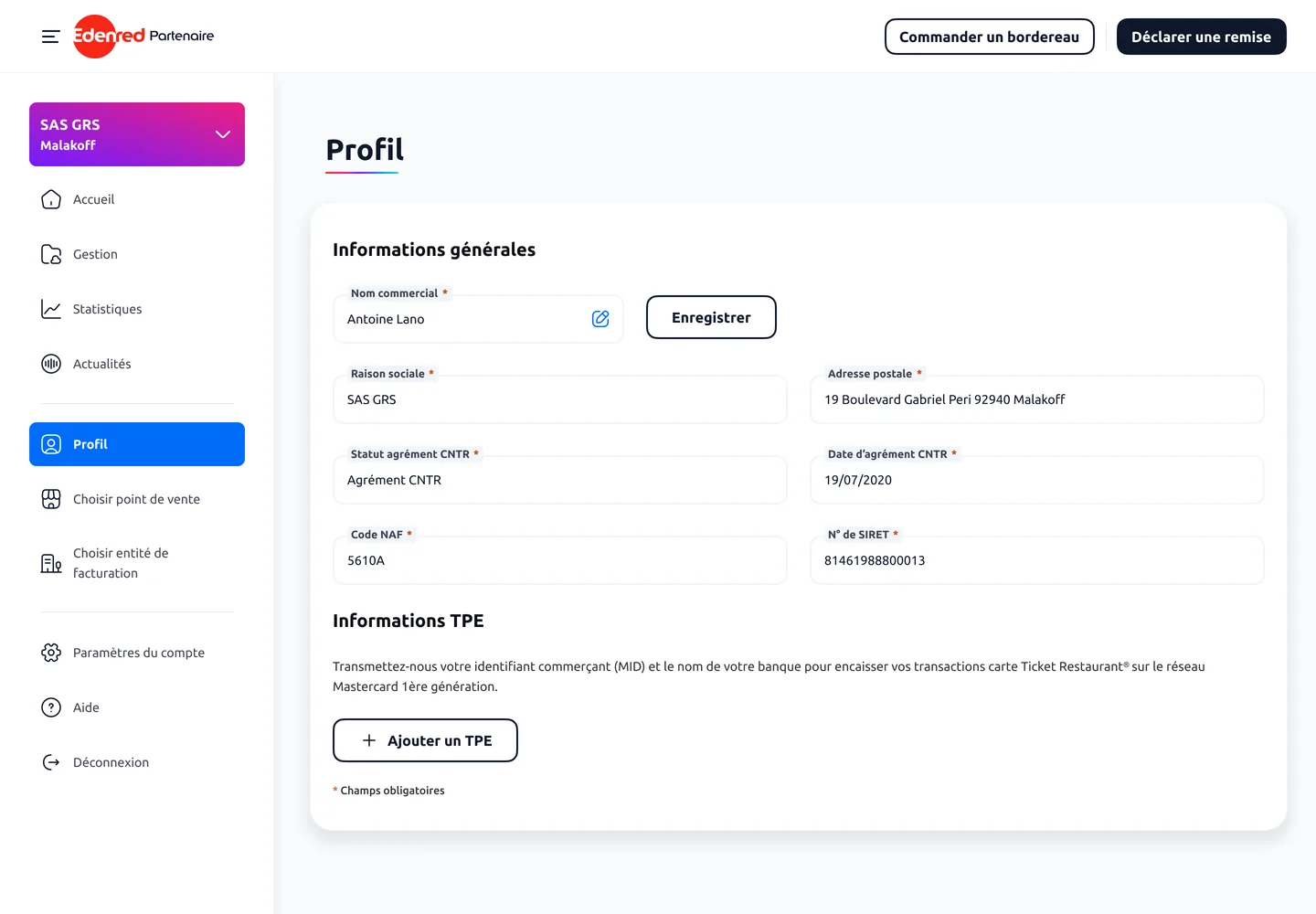 Ma version : une page Profil qui réunit les informations de l’entreprise et les terminaux de paiement