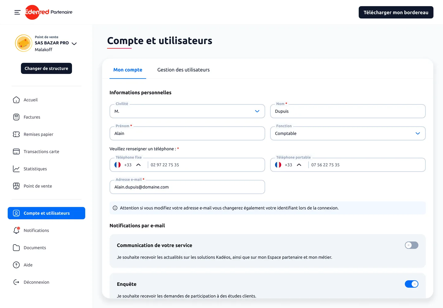 La version déployée : une page Compte et utilisateurs, avec la gestion des notifications