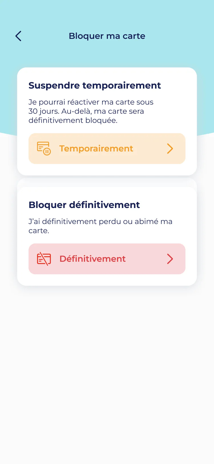 L’écran Bloquer ma carte : suspendre temporairement, ou bloquer définitivement