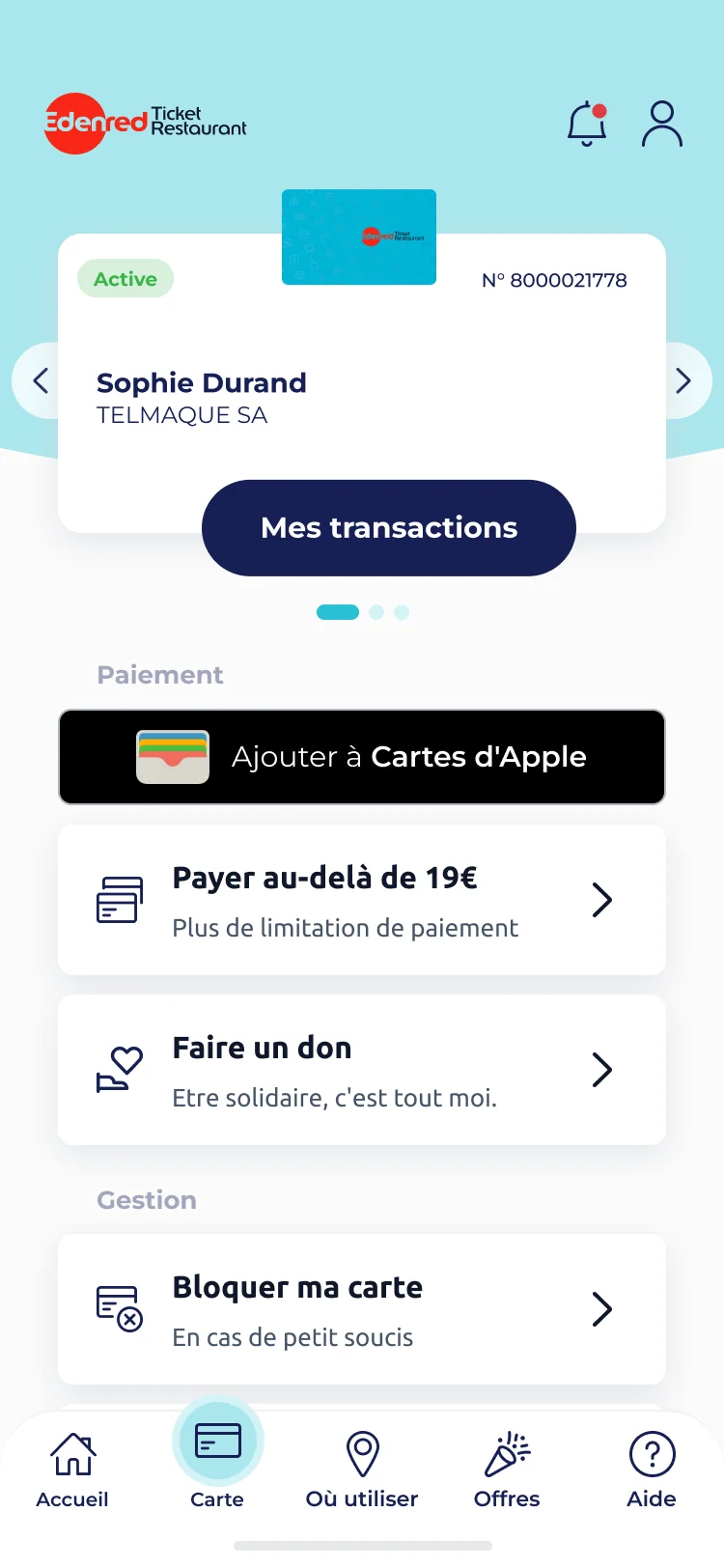 Le menu carte, carte active : bloquer, supprimer ou ajouter une carte