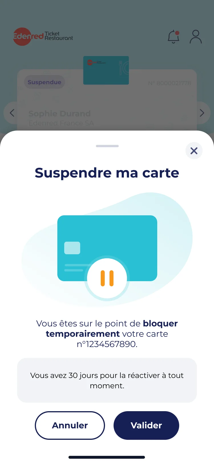 La confirmation de suspension : la carte est mise en pause, réactivable trente jours durant
