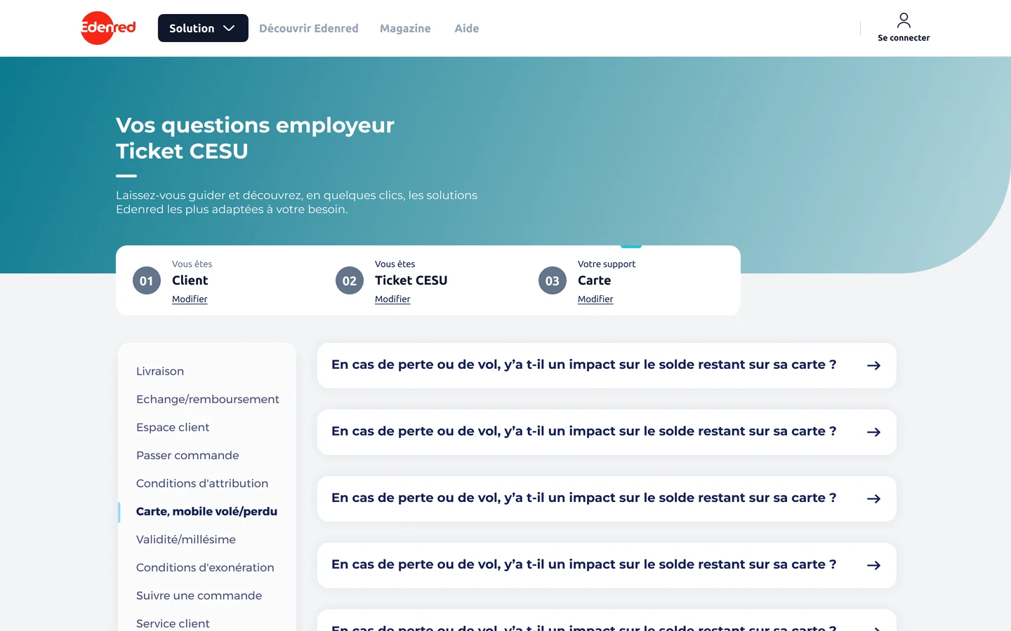 Le centre d’aide décliné sur l’univers Ticket CESU, en vert