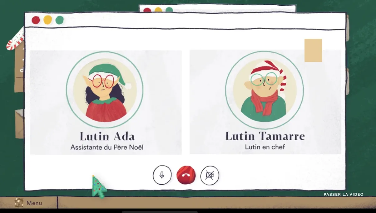 La cinématique d’appel vidéo entre le lutin Ada et le lutin Tamarre, dans une fenêtre posée sur un tableau vert