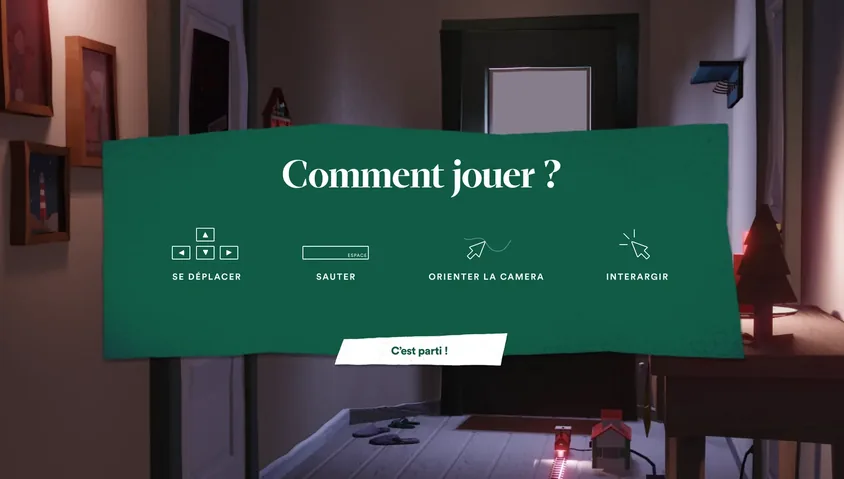La pop-in « Comment jouer ? » avec les quatre commandes : se déplacer, sauter, orienter la caméra, interagir