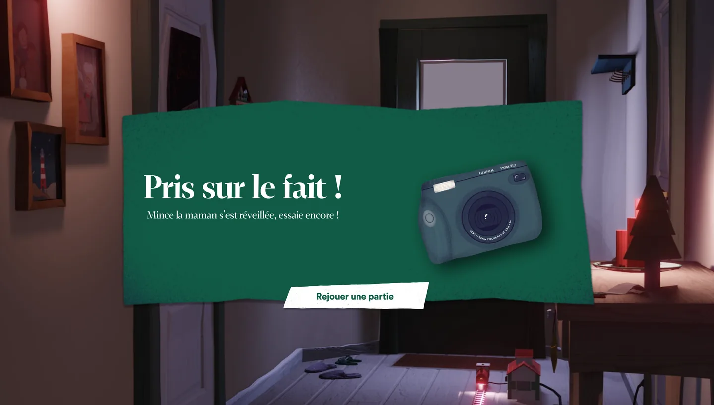 L’écran d’échec « Pris sur le fait ! » avec un appareil photo et le bouton Rejouer une partie
