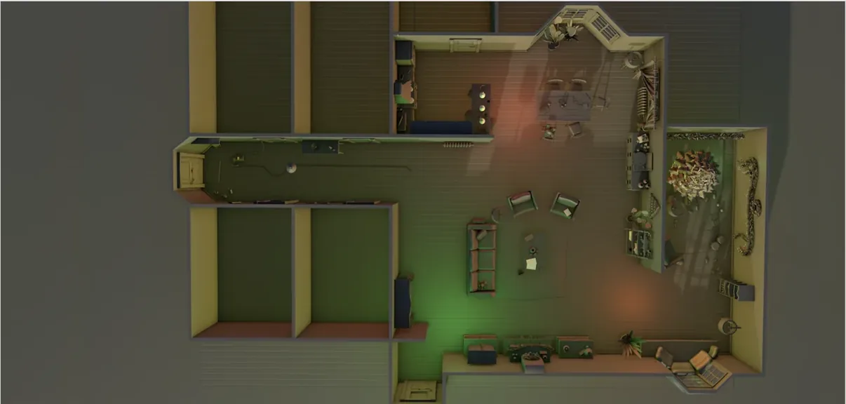 Le plan de l’appartement vu du dessus dans le logiciel 3D, pièces meublées et éclairées