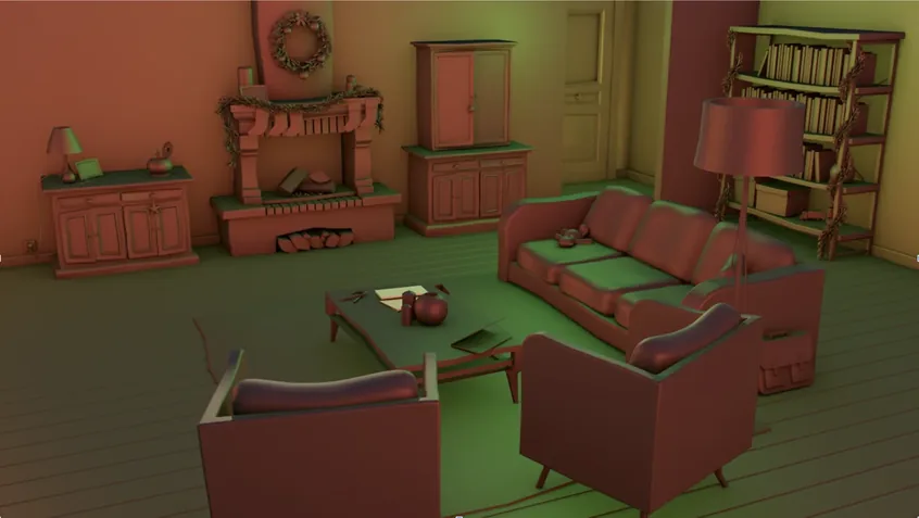 Le salon modélisé en 3D : canapés, bibliothèque, lampes allumées et table basse