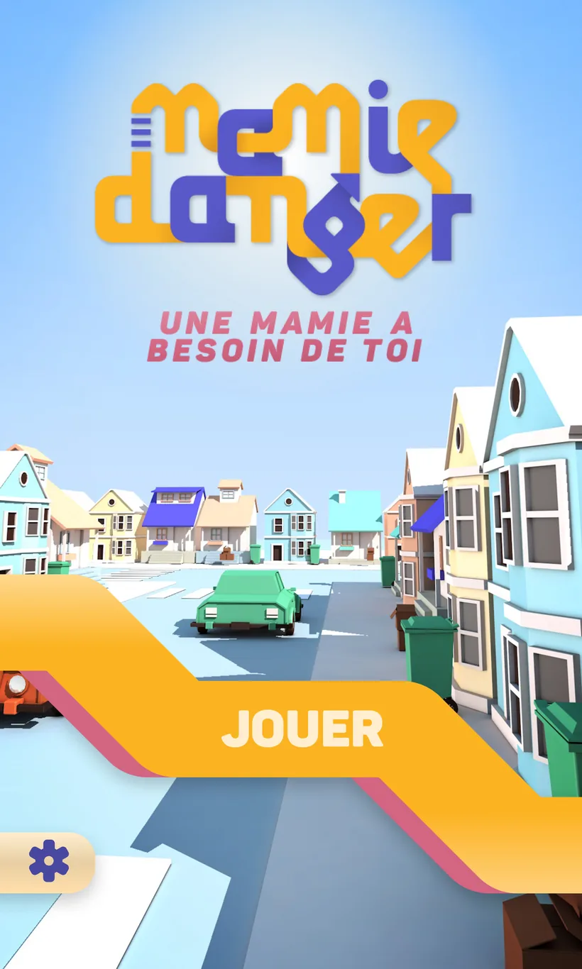 L’écran d’accueil du jeu : le logo au-dessus de la rue, le bouton Jouer sur un bandeau jaune et l’accès aux réglages