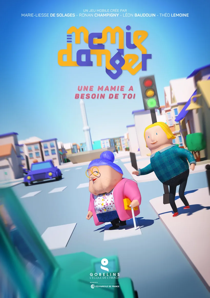 L’affiche du jeu : le logo Mamie Danger, l’accroche « Une mamie a besoin de toi » et Mamie sur un passage piéton pendant qu’une voiture arrive