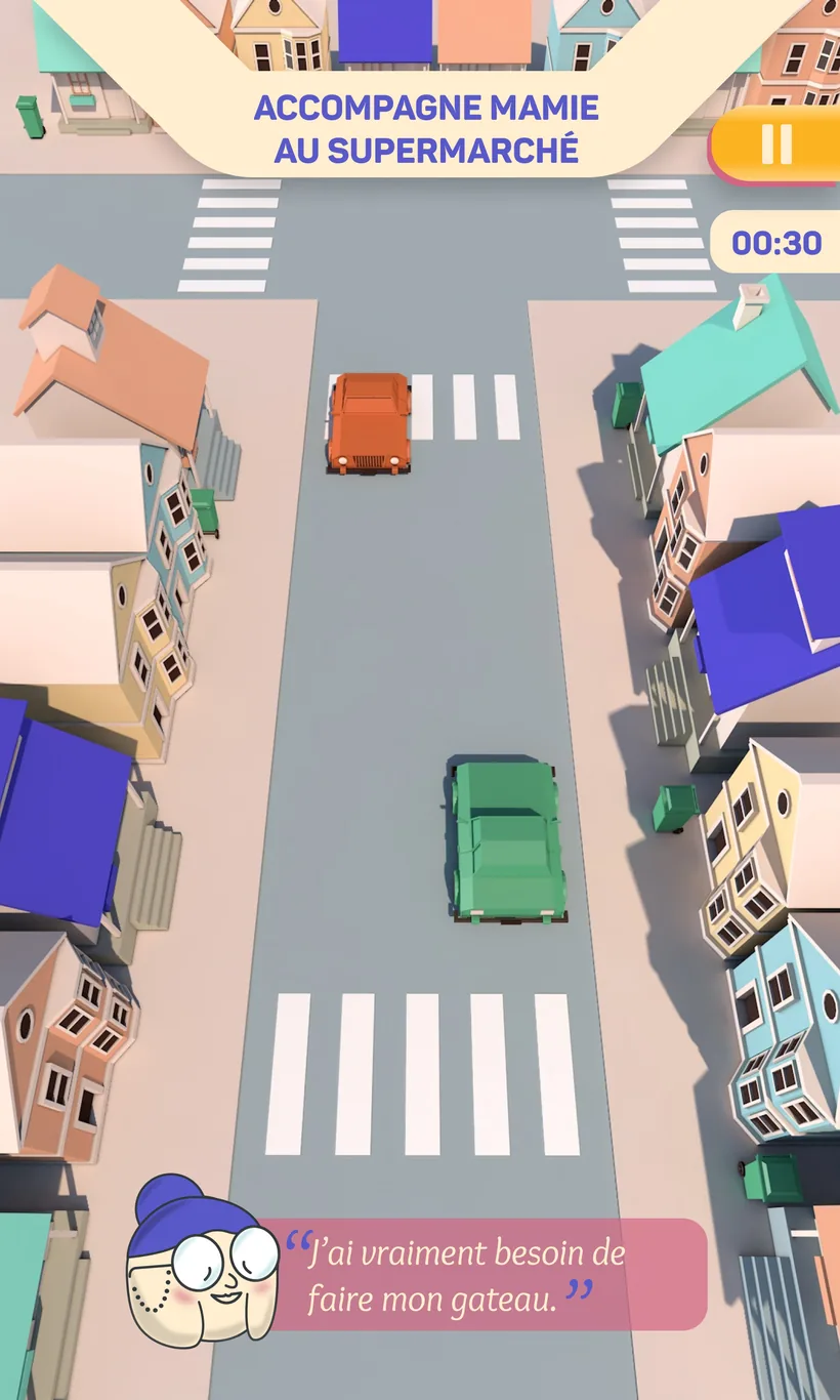 L’écran de jeu vu du dessus : la rue, deux voitures, le bandeau « Accompagne Mamie au supermarché », le chronomètre et une réplique de Mamie en bas