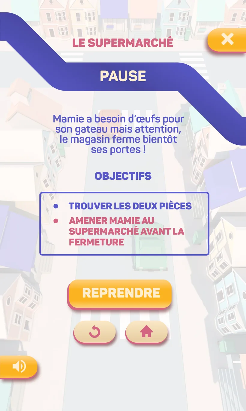 L’écran de pause : le rappel de la situation, les deux objectifs de la mission et le bouton Reprendre