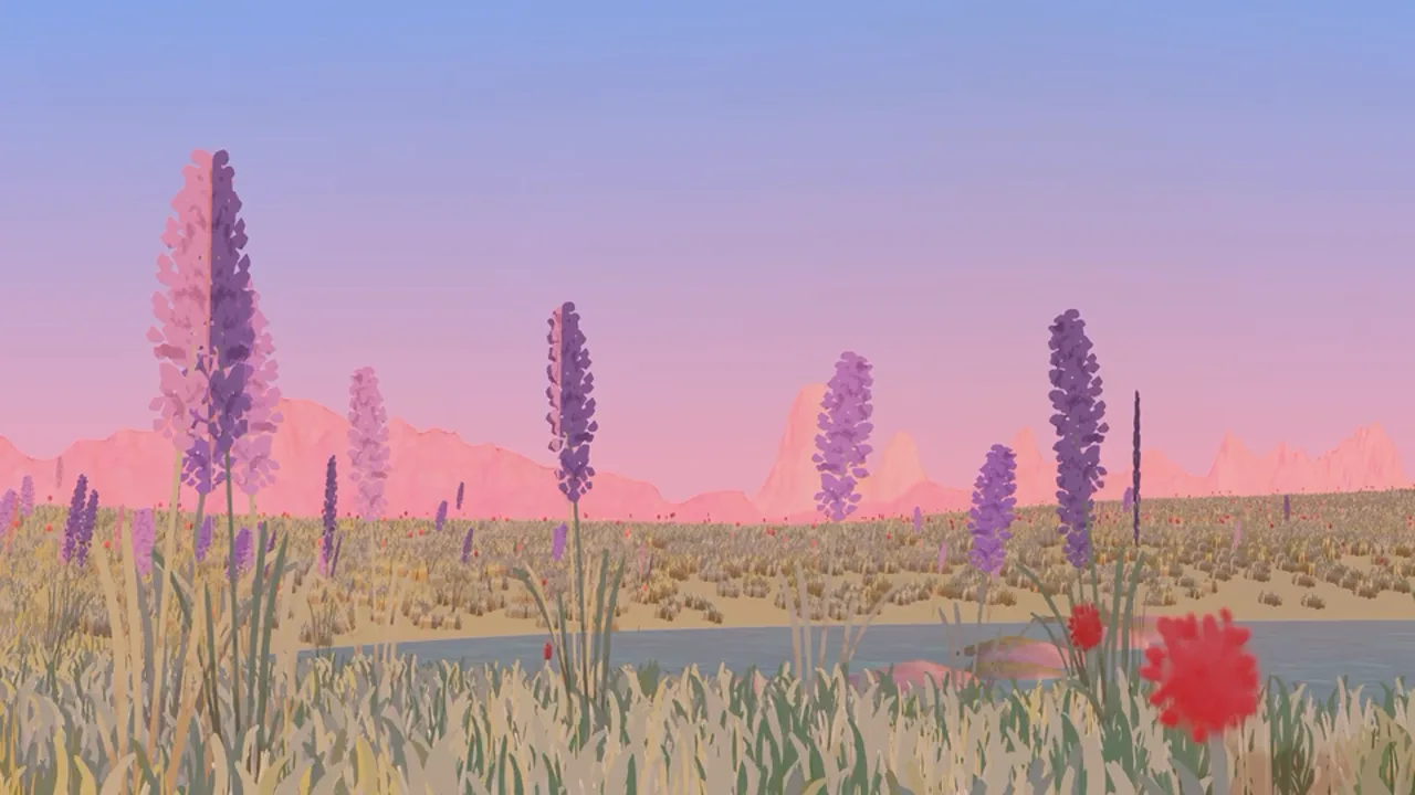 Safe Place : des lupins mauves au premier plan, un lac et des montagnes roses au couchant