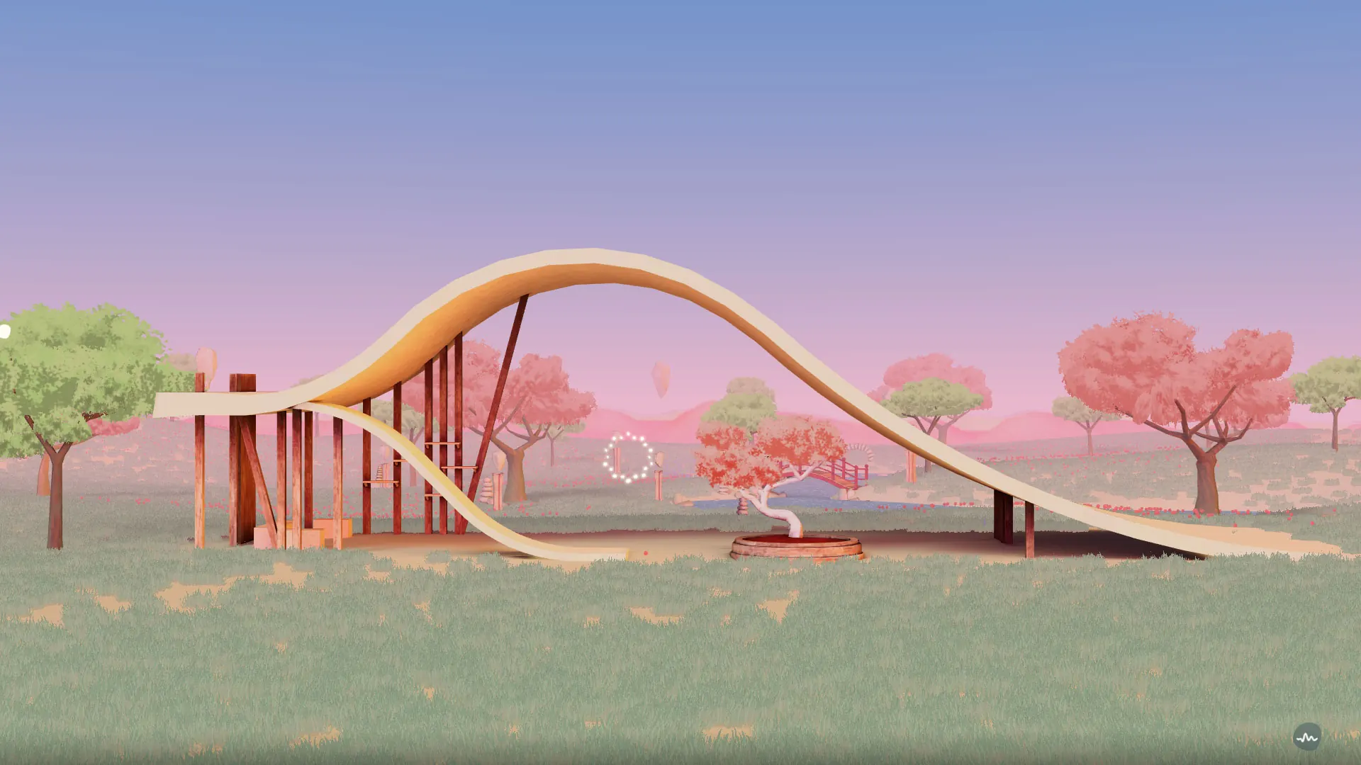 Un pont de bois qui ondule au-dessus d’une prairie rose au coucher du soleil