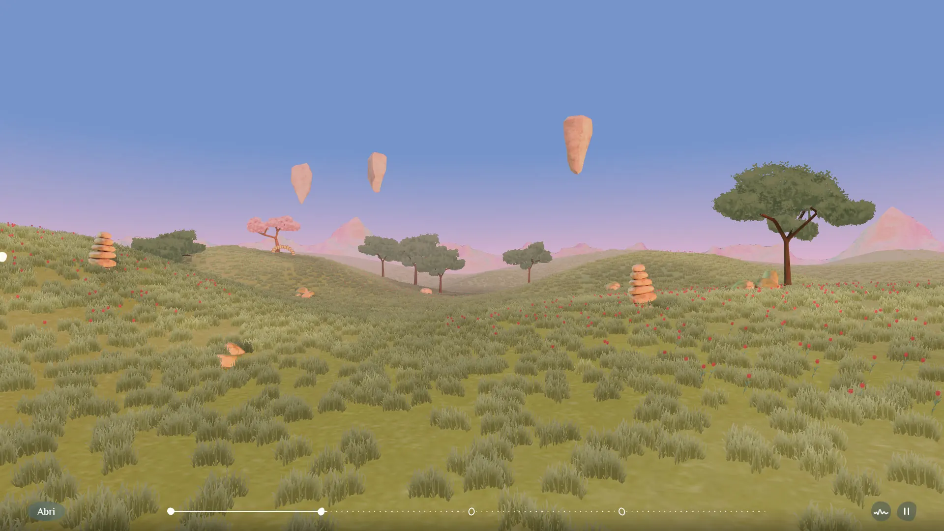 Une prairie vallonnée avec des arbres épars et des cairns qui flottent au-dessus du sol