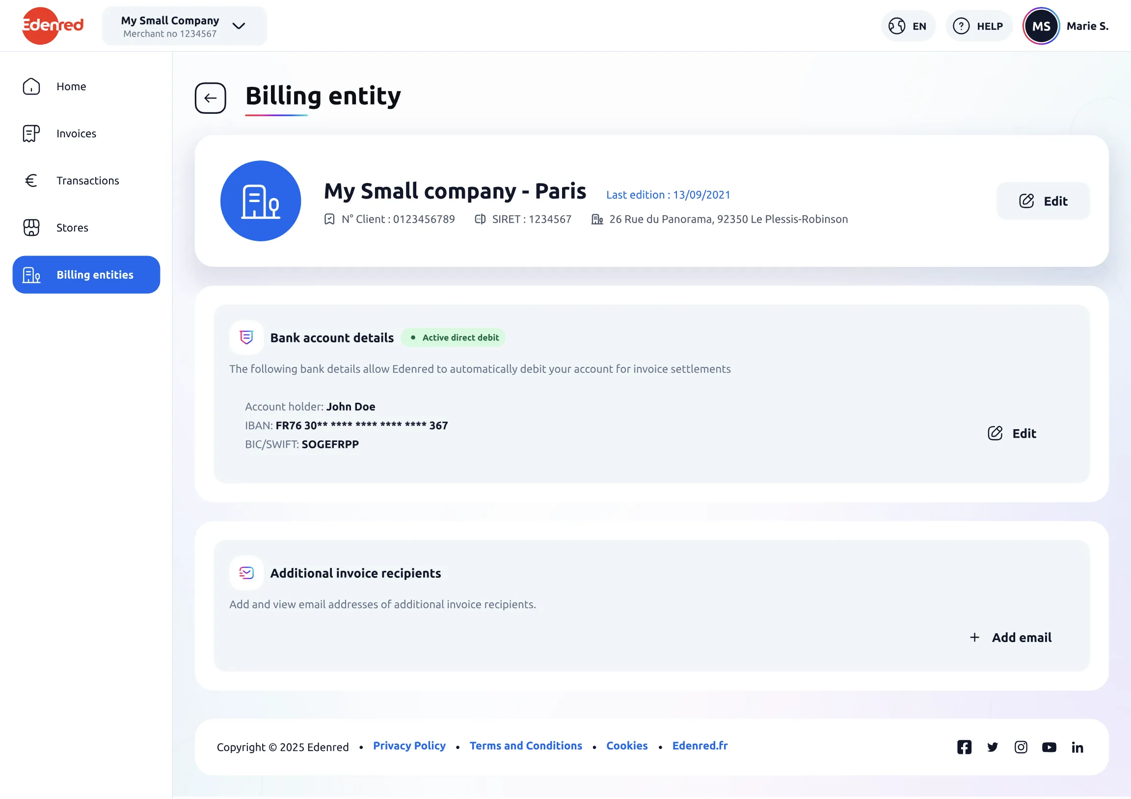 The billing entities page