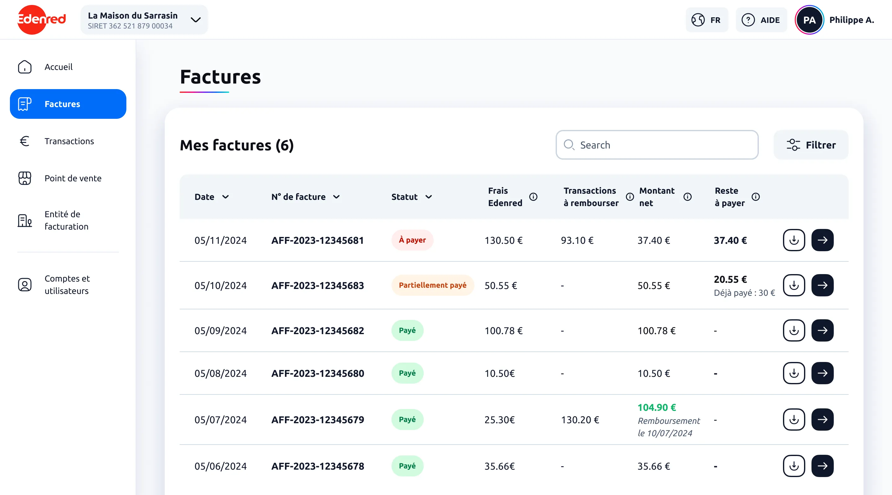 Version testée n° 1 : sept colonnes, dont frais Edenred, transactions à rembourser, montant net et reste à payer