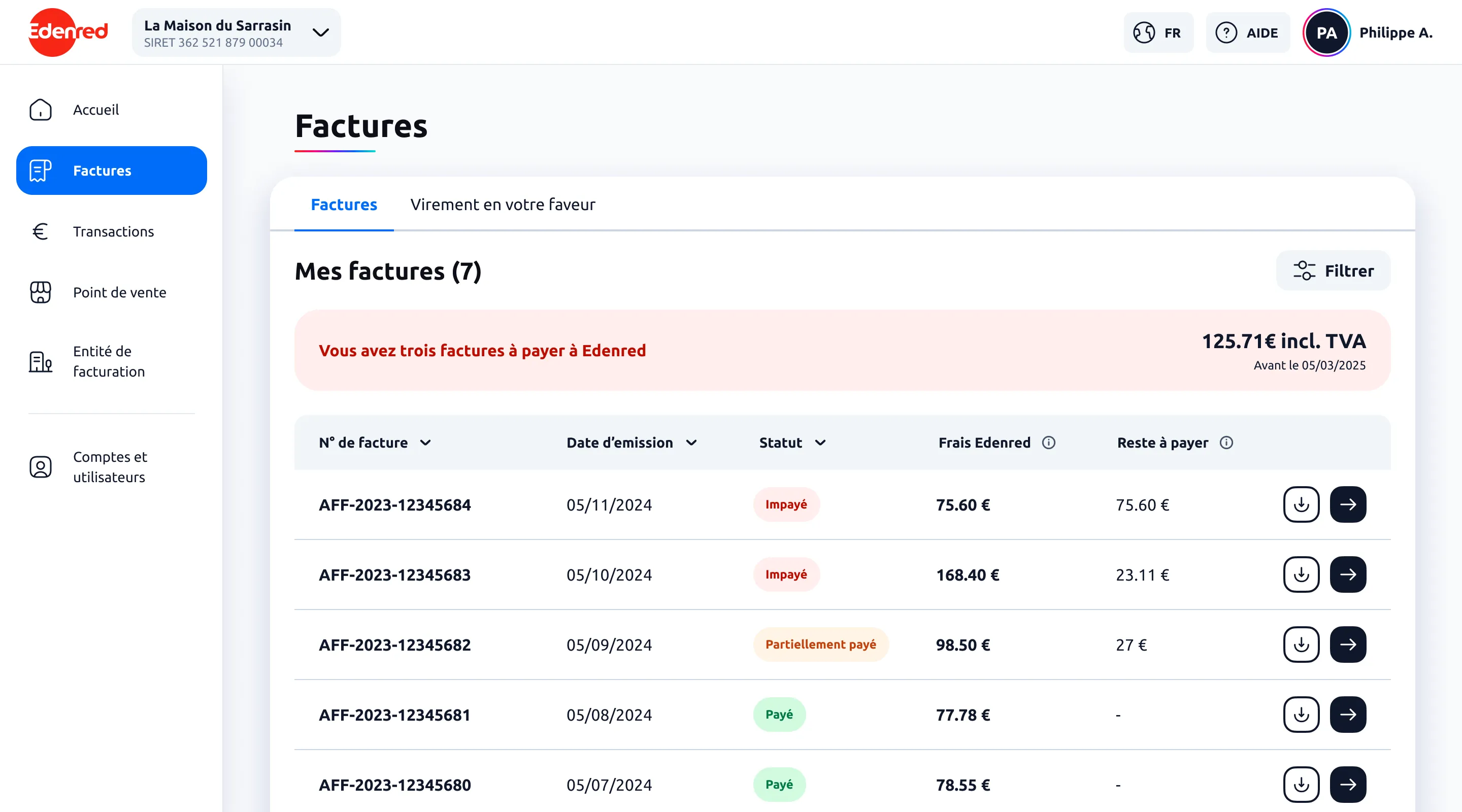 Version 2: a banner announces the invoices to pay and their deadline, two tabs separate the directions