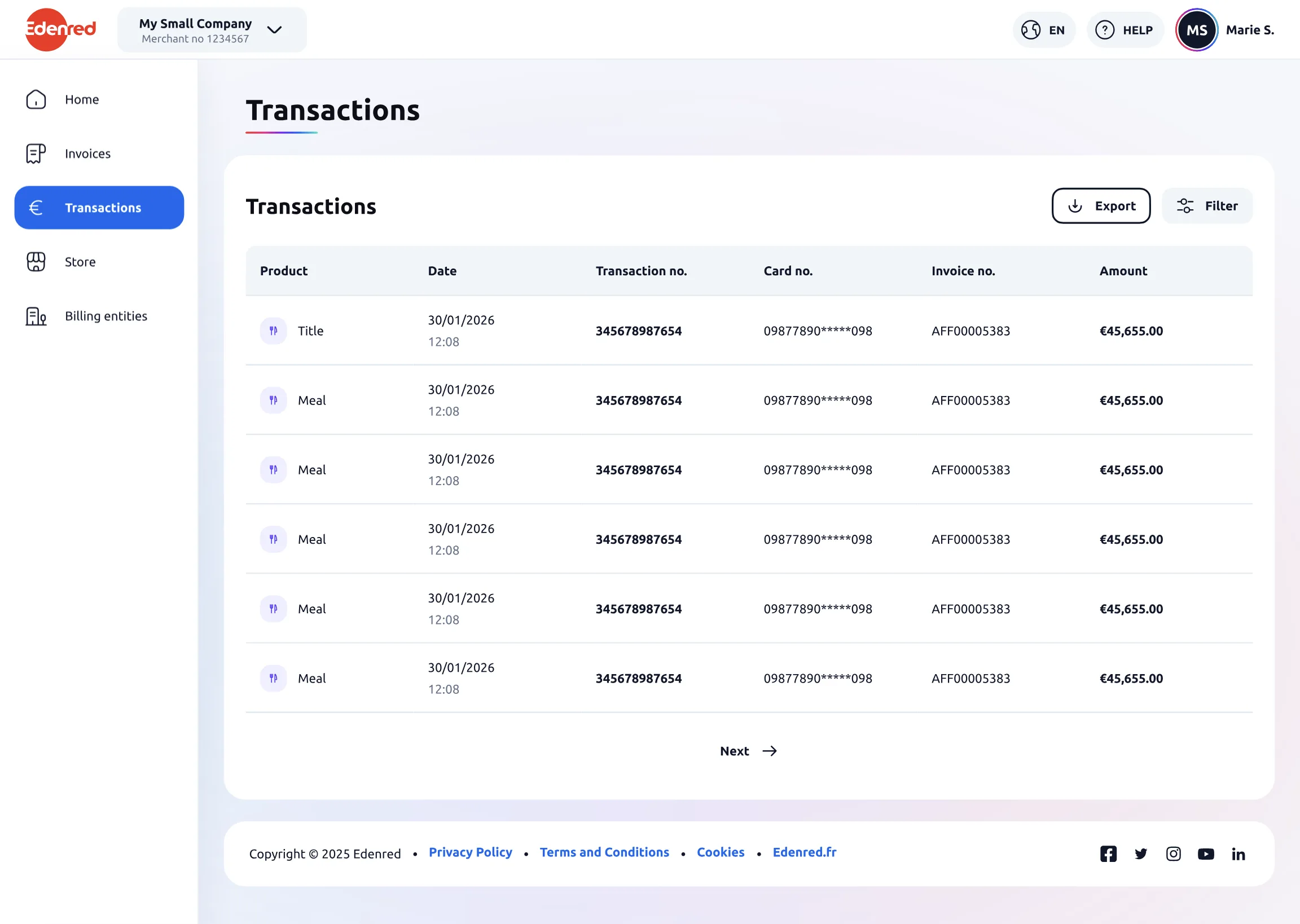 The portal’s transactions screen