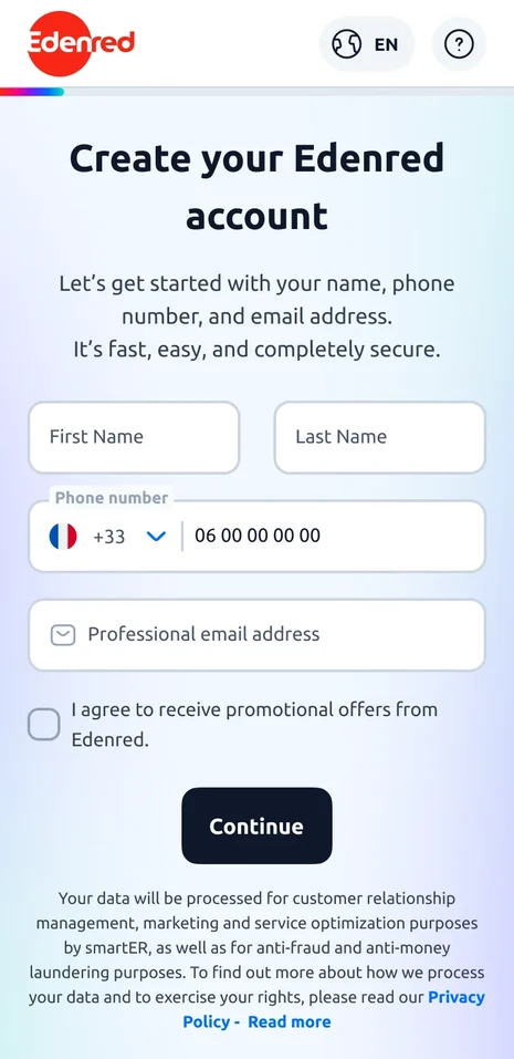 Première étape sur téléphone : créer son compte Edenred