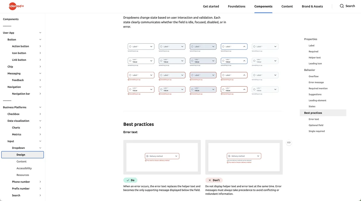 La grille des vingt états du Dropdown, puis une paire Do et Don’t sur le texte d’erreur