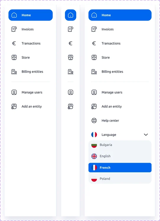 Le menu latéral déplié, replié aux icônes, puis sa version mobile