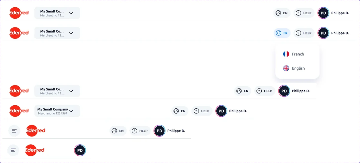 Le header connecté sur cinq largeurs d’écran