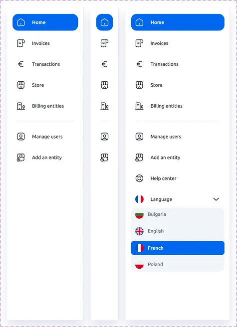 Le menu latéral en trois variantes : déplié, replié, mobile