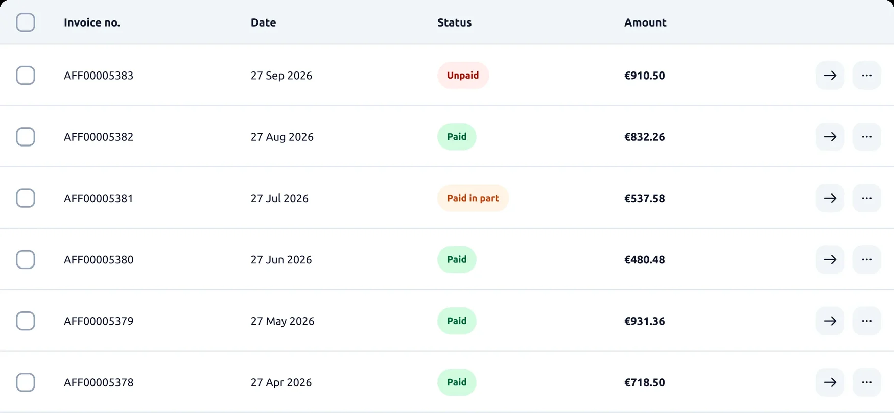 La table des factures assemblée sur desktop : sélection, date, statut, montant et actions