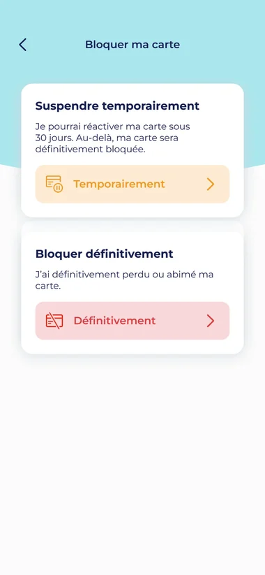 L’écran Bloquer ma carte : suspendre temporairement ou bloquer définitivement